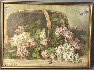 Antique Lithograph Basket of Lilacs 1899 Framed lithograph of a basket of lilacs with bees, signed