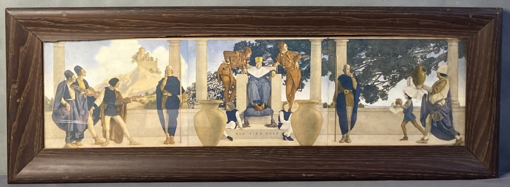 Maxfield Parrish Old King Cole Lithograph Antique lithograph depicting the Mother Goose rhyme Old: Antique lithograph depicting the Mother Goose rhyme Old King Cole by Maxfield Parrish, no visible signature. Artwork in frame is 29 1/2 X 10 3/4 inches in size.