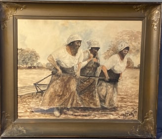 Vintage Original Watercolor Three Women Farming Watercolor of three women tilling a field, signed in