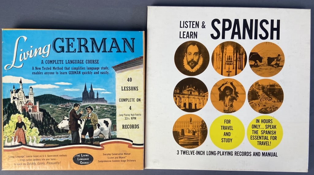 German & Spanish Language Lessons on Vinyl Living German four vinyl record box set.: Living German four vinyl record box set. Listen & Learn Spanish Dover Piblications three vinyl record set. Vinyl sold untested, and include protective sleeves.Spanish set missing manual.
