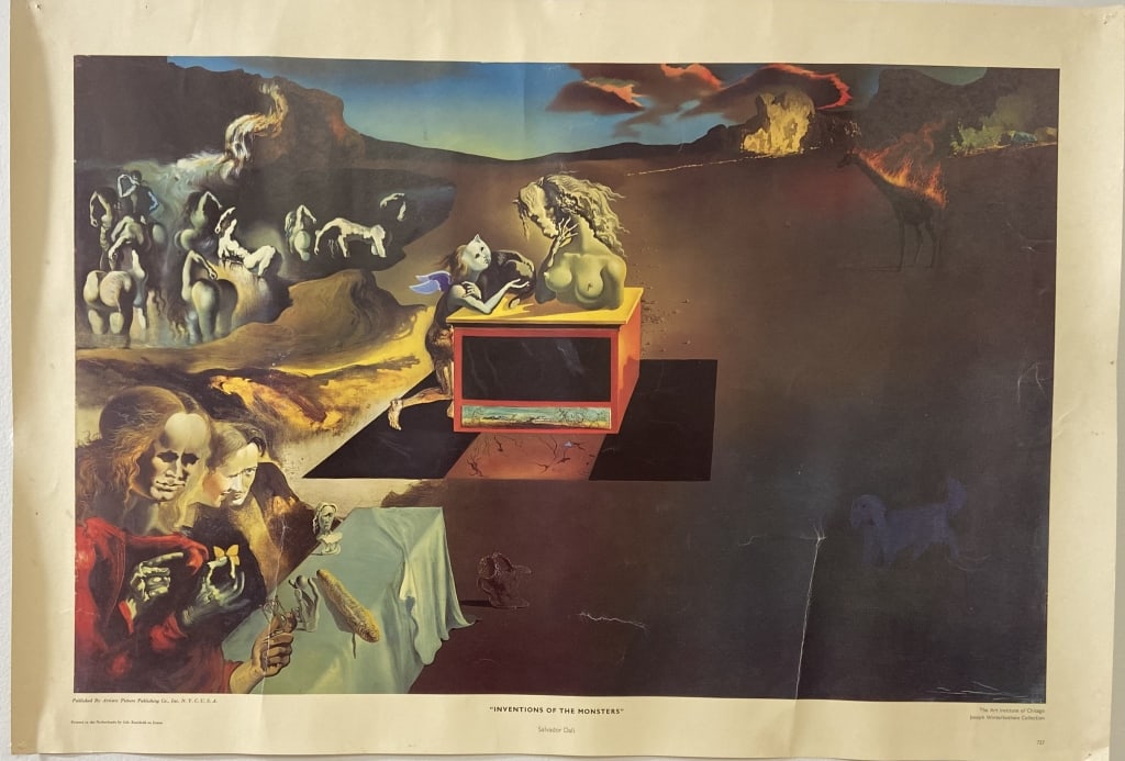 Inventions of Monsters Salvador Dali Art Print Art print of the Salvador Dali painting Inventions of: Art print of the Salvador Dali painting Inventions of Monsters published by Artistic Picture Publishing. Art print is 27 X 18 1/2 inches in size. Pin holes, some light creasing.