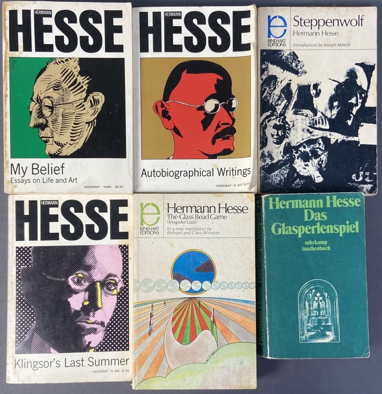 Herman Hesse Vintage Paperback Books Set of 6 Das Glasperlendpiel (The Glass Bead Game) published by: Das Glasperlendpiel (The Glass Bead Game) published by Subrkamp, 1978. The Glass Bead Game published by Rinehart Editions 1969. Klingsor's Last Summer published by Farrar, Straus and Giroux, 1971. Ste
