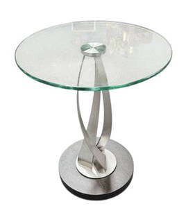 Round Glass Top Table with Twisted Metal Base Table measures 17.5" in diameter and 21": Table measures 17.5" in diameter and 21" tall.Bottom Base is dark wood.No chips or cracks to the base.
