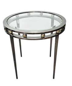 Round Glass Top Table with Brass Accents Table measures 24" in diameter and 24"