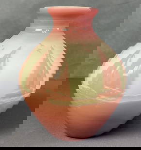 Fenton Sunset Sails Uranium Glass Vase Pink & uranium glass vase featuring sailboats and seagulls.: Pink & uranium glass vase featuring sailboats and seagulls. Fenton sticker on the top, bottom marked Sunset Sails with embossed F mark, numbered 55/350 and signed Kelsey Brian Kemp. Vase is 8 inches