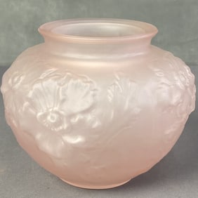 Tiffin Glass Poppy Pink Vase Pale pink glass vase embossed with poppy flowers around the sides. No