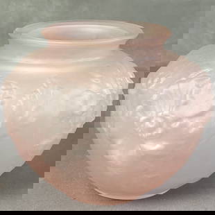 Tiffin Glass Poppy Pink Vase Pale pink glass vase embossed with poppy flowers around the sides. No: Pale pink glass vase embossed with poppy flowers around the sides. No chips or cracks. Vase is 5 1/2 inches tall and is unmarked.