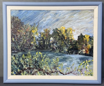 Original Landscape Oil Painting Unsigned oil painting of trees and brush surrounding a pond.