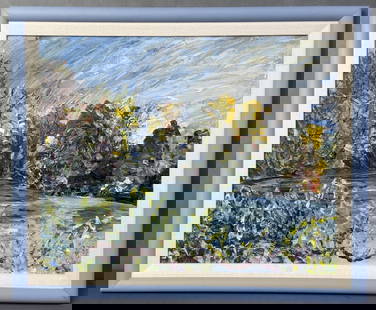 Original Landscape Oil Painting Unsigned oil painting of trees and brush surrounding a pond.: Unsigned oil painting of trees and brush surrounding a pond. Painting with frame is 23 X 19 inches in size.