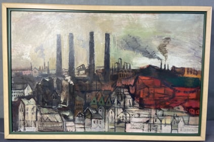 Industrial Factory Town Giclee Painting Signed Giclee of a factory town with smokestacks and houses,