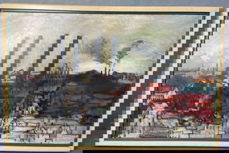 Industrial Factory Town Giclee Painting Signed Giclee of a factory town with smokestacks and houses,: Giclee of a factory town with smokestacks and houses, signed Zoebel 53. Artwork with frame is 33 X 22 inches in size.