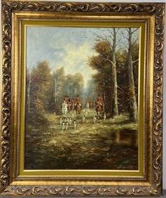 Original Fox Hunt Oil Painting Signed 20th century painting of people on horses dressed in red with