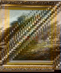 Original Fox Hunt Oil Painting Signed 20th century painting of people on horses dressed in red with: 20th century painting of people on horses dressed in red with dogs in the woods. Signed Falquette. Small chip in right bottom corner of frame. Artwork with frame is 32 1/2 X 38 1/2 inches in size.