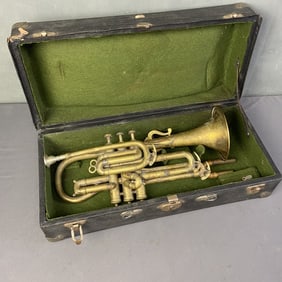Antique Grinnell Bros Cornet with Case Cornet marked New American Model Grinnell Bros Detroit Mich.