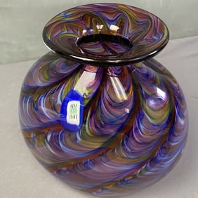 Hand Blown Amethyst Art Glass Anniversary Vase Purple, blue, and gold swirl handblown vase with 1971