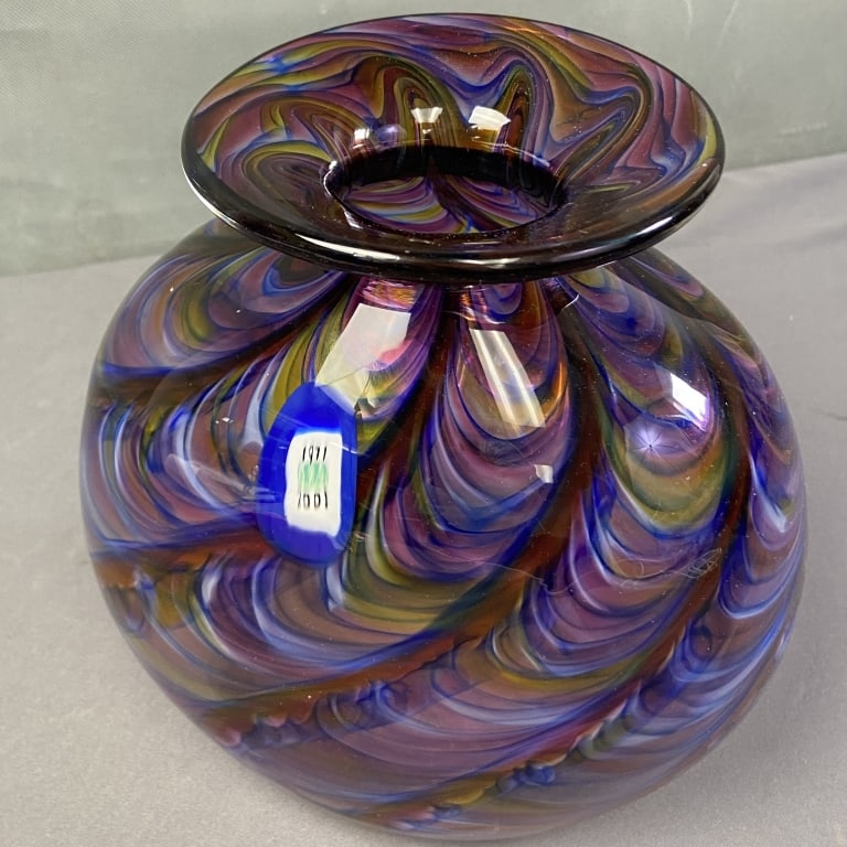 Hand Blown Amethyst Art Glass Anniversary Vase Purple, blue, and gold swirl handblown vase with 1971 (1 of 5)