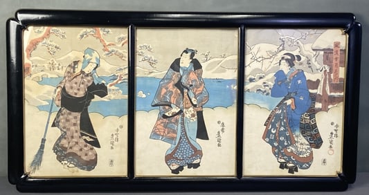Antique Courtesan Triptych Toyokuni 19th century set of three watercolors entitled The Fashionable