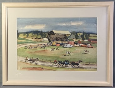 Paul Sample Sulkey Racing Watercolor Painting Watercolor painting of a sulkey horse race, signed