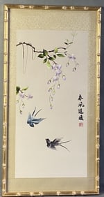 Swallows Chinese Silk Embroidery in Frame Embroidered silk wall hanging with swallows and purple