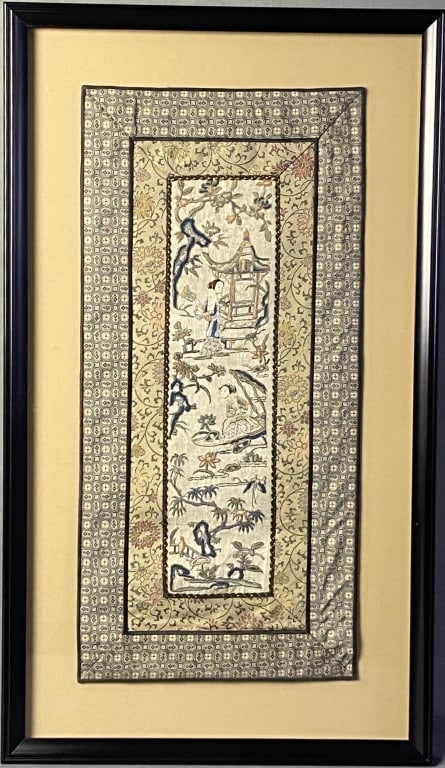 Chinese Silk Embroidery Panel Women Silk panel embroidered with women, pagodas, and trees. Artwork (1 of 5)