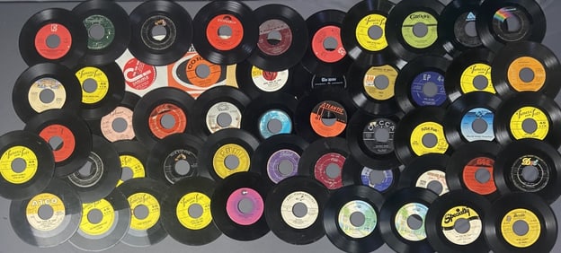 Vinyl 45 Single Mystery Lot Fifty 45 single vinyl records, most without sleeves. Vinyl sold