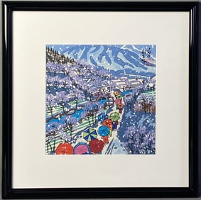 Jinshan Peasant Painting Going to School Acrylic painting of children with colorful umbrellas