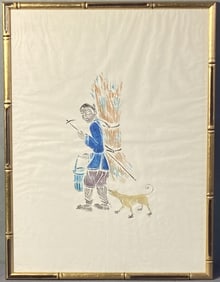 Chinese Peasant Stencil in Bamboo Frame Stencil of a peasant with dog, carrying a stack of bamboo.