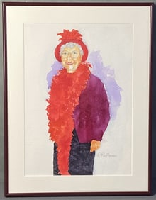 Watercolor Painting Woman in Purple Signed Painting of a woman wearing purple with a red hat and