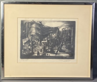 City Lights Lithograph Philip Evergood Signed Signed litho of small houses in front of silos,
