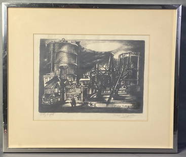 City Lights Lithograph Philip Evergood Signed Signed litho of small houses in front of silos,: Signed litho of small houses in front of silos, entitled City Lights in left bottom corner. Signed in pencil by the artist in the right bottom corner. Artwork with mat and frame is 20 X 17 inches in s