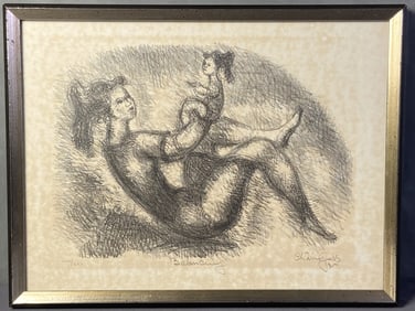 Balancing Etching by Charles Gross, Signed Etching of a mother balancing her daughter on her knee.