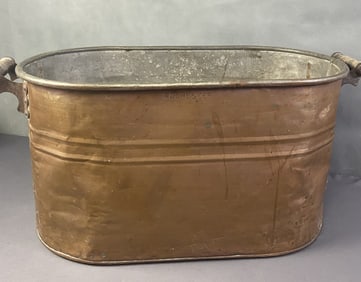 Antique Rochester Copper Wash Basin Large copper basin with wooden handles, marked Rochester on the