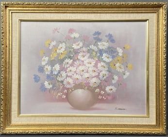 Floral Daisy Oil Painting in Frame Signed Pastel colored oil painting of a vase of daisies, signed