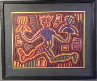Kuna Mola Colombian Textile Art in Frame Kuna Mola tapestry from Columbia featuring a running
