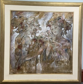 Large Mixed Media Painting Duo by Gottfried Painting combining oil, acrylic, gold foil, and pastel