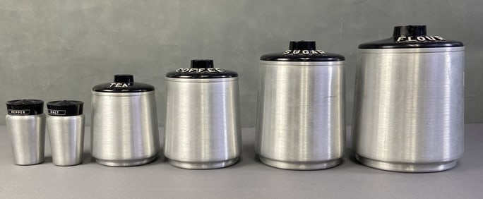 Kromex Mid Century Kitchen Storage Set of Six Chrome containers with plastic lids from the late
