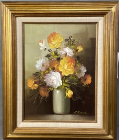 Floral Yellow Rose Oil Painting Signed Ferber Oil painting of yellow and pale pink roses in a vase,