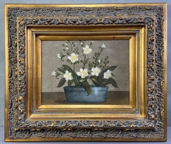 Floral Oil Painting White Violets in Ornate Frame Oil painting of white flowers in a blue bowl,