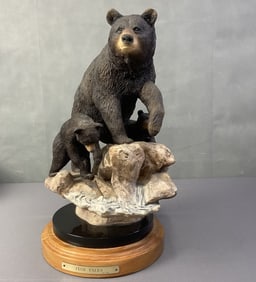 Danny D Edward Bear Sculpture Fish Tales Resin sculpture of a bear with two cubs catching fish.
