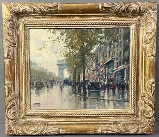 Oil Painting Paris Signed J Salabet Oil painting of a street scene in Paris, signed J Salabet and