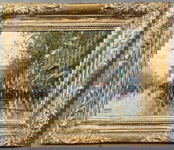 Oil Painting Paris Signed J Salabet Oil painting of a street scene in Paris, signed J Salabet and: Oil painting of a street scene in Paris, signed J Salabet and dated 1953. Chip in frame. Artwork with frame is 15 X 13 inches in size.