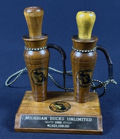 1986 Art Beauchamp Michigan Ducks Unlimited Calls Pair with stand and cords. 4.5 x 6 x 3 inches.