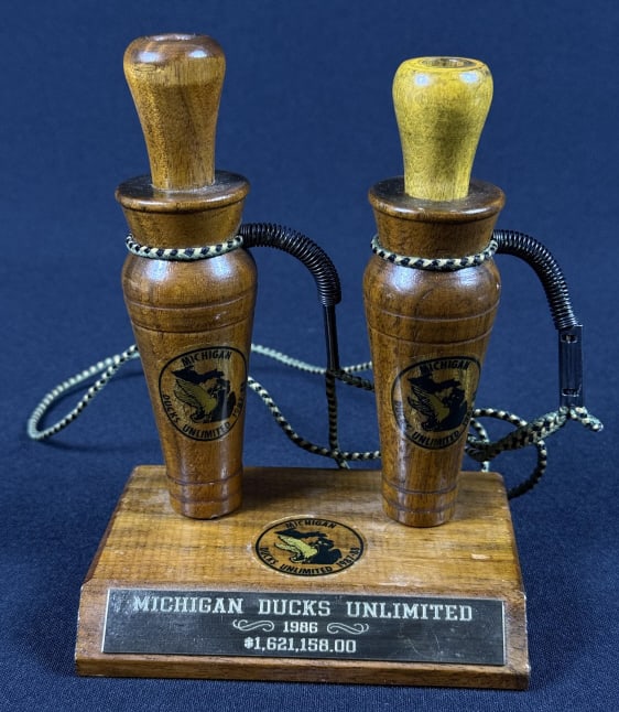1986 Art Beauchamp Michigan Ducks Unlimited Calls Pair with stand and cords. 4.5 x 6 x 3 inches.: Pair with stand and cords. 4.5 x 6 x 3 inches. Good condition, see photos for details.