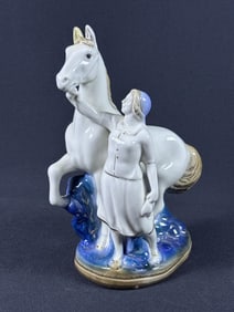 Vintage Porcelain Horse Figurine Blue white with gold details. Some wear in gold paint. No makers