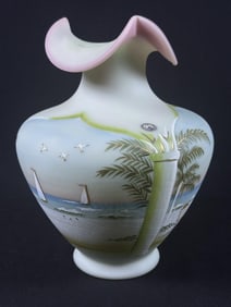 Fenton Art Glass Beach Motif Hand Painted Vase 273/1950. Free from damage. Approximately 11 x 9