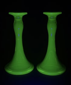 Vintage Green Uranium Glass Candlesticks Good condition. Free from damage. 9.5 x 5 inches.