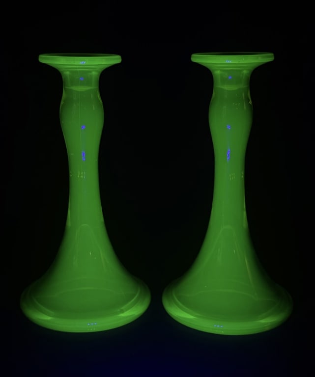 Vintage Green Uranium Glass Candlesticks Good condition. Free from damage. 9.5 x 5 inches. (1 of 6)