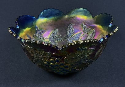 Carnival Glass Punch Bowl Grapes Cherries Peaches No makers mark. Free from damage. Approximately 12