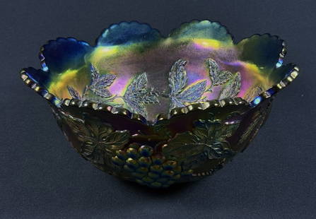 Carnival Glass Punch Bowl Grapes Cherries Peaches No makers mark. Free from damage. Approximately 12: No makers mark. Free from damage. Approximately 12 x 6 inches.