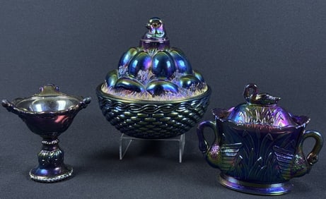 Vintage Westmoreland Carnival Glass Grouping Some flea bites on inside rim of covered dish.